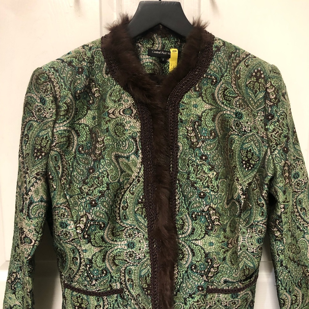 Central Park West Green Paisley Women's Jacket with Brown Trim - Picture 2 of 16